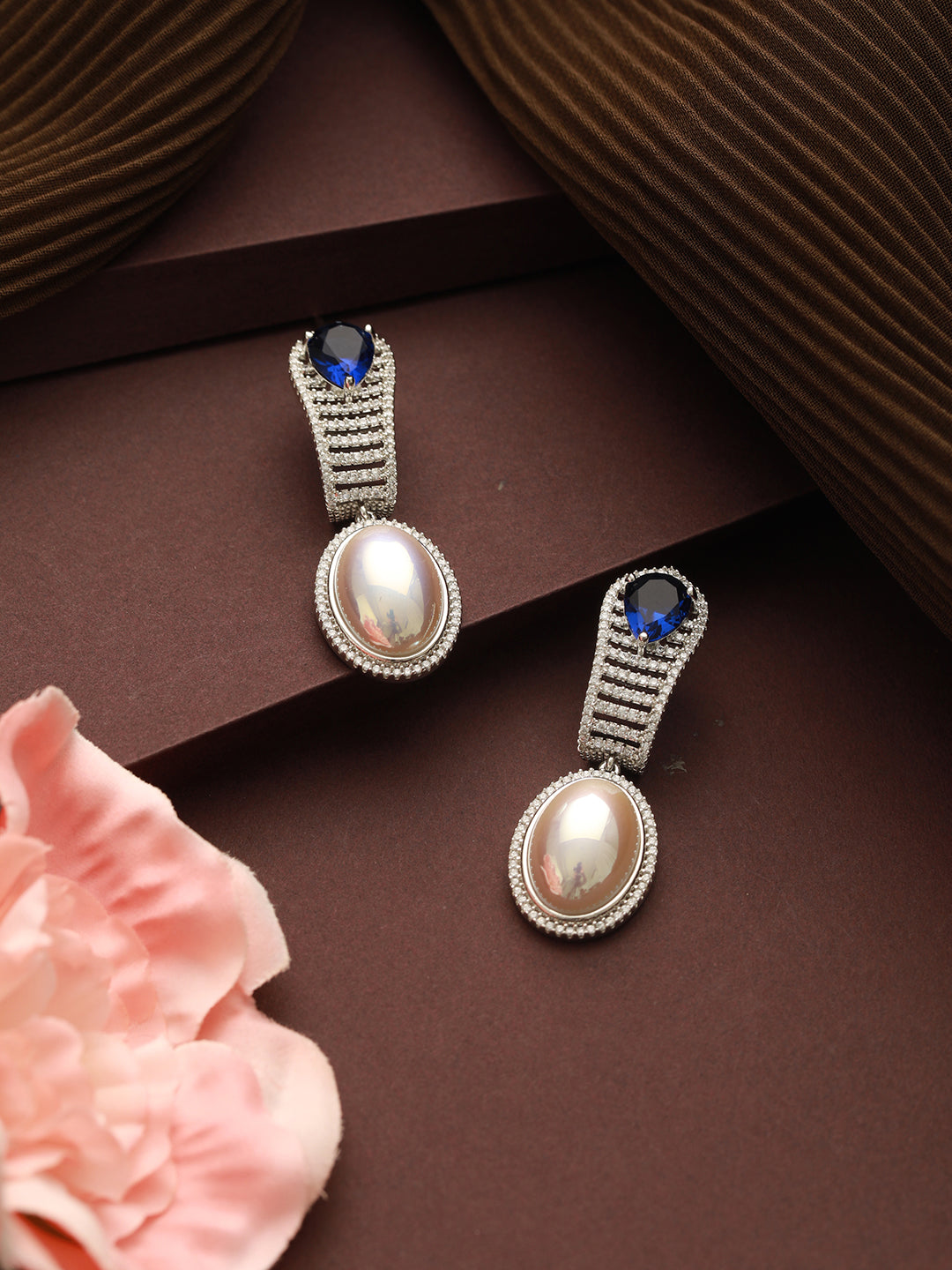 Silver Plated  Blue AD Studded  & Pearl Contemporary Hoop Bali  Earrings